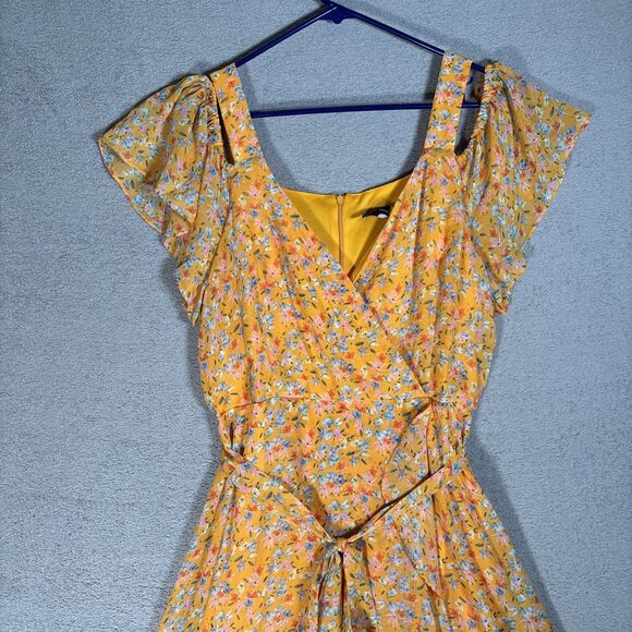 Maison Tara Womens Size 14 Cold Shoulder Maxi Dress Chiffon Yellow Belted Ruffle - Picture 2 of 12